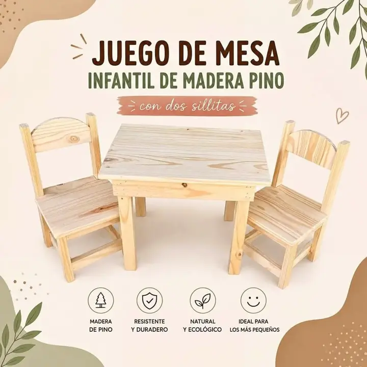 Mesa infantil + 2 sillitas (Pino)