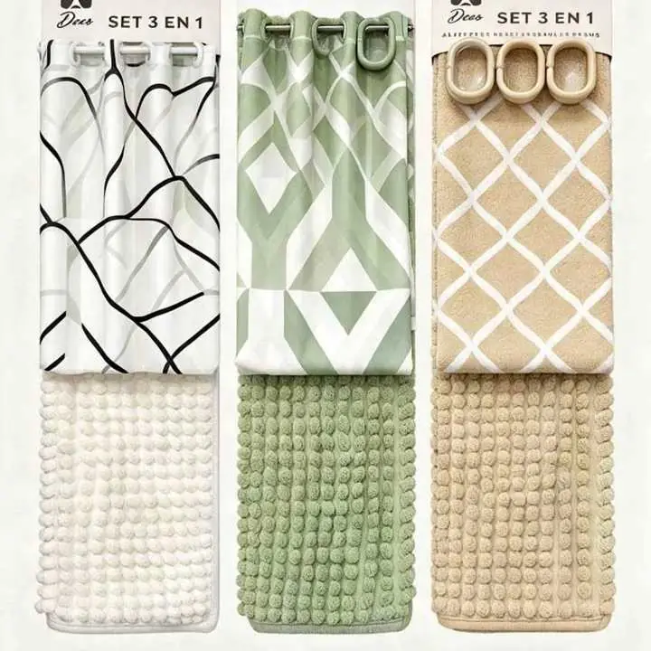 Set por 3 cortina alfombra y ganchos .hay lisos y estampados