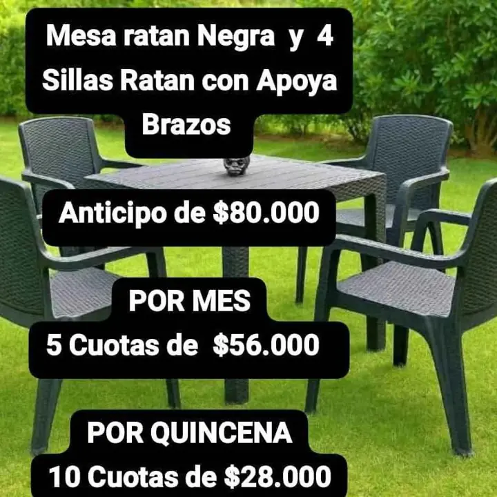Mesa ratan Negra y 4 Sillas Ratan con Apoya Brazos a pagar