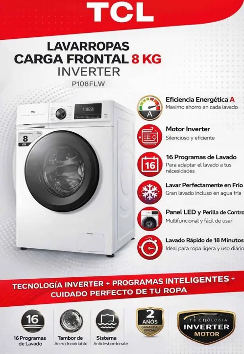 Lavarropas TCL carga frontal 8 KG inverter