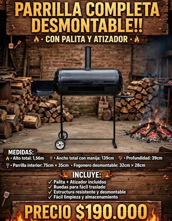 Parrilla completa desmontable! con palita y Atizador