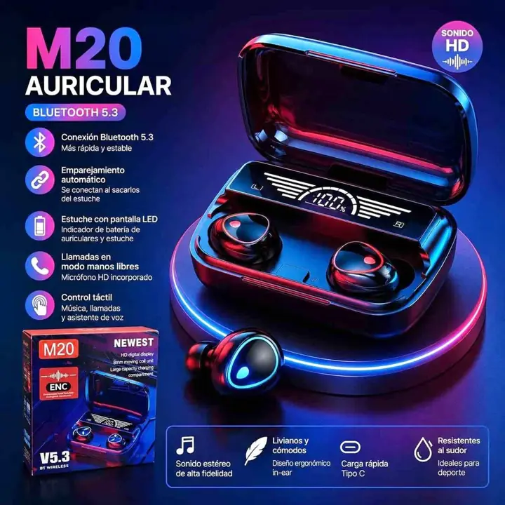 Auriculares M20 con visor de carga power bank para cargar