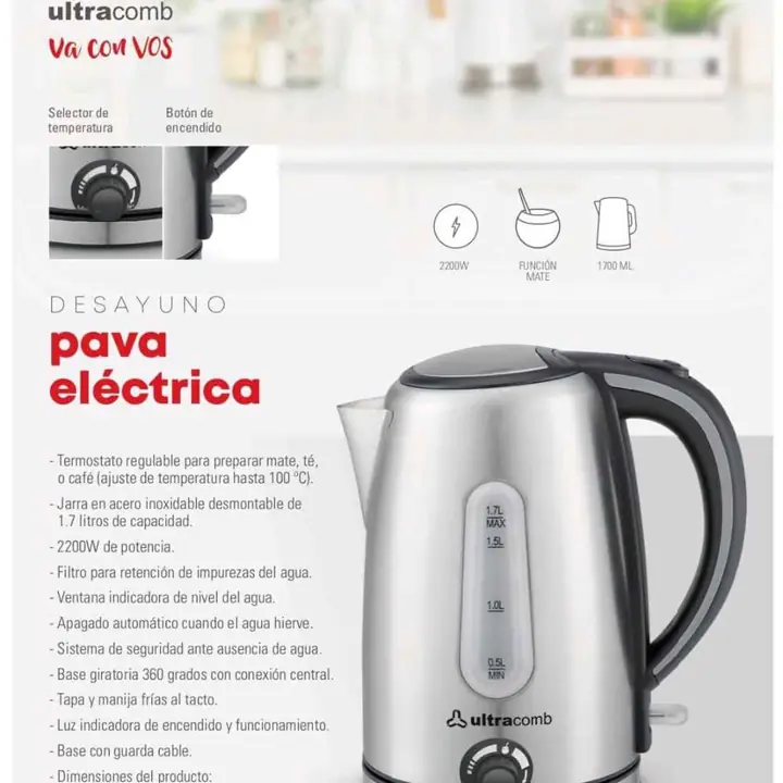 Pava eléctrica Ultracomb acero inoxidable 1.7 litros