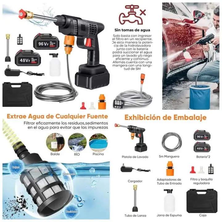 Hidrolavadora inalambrica de alta presion con 2 baterias + accesorios