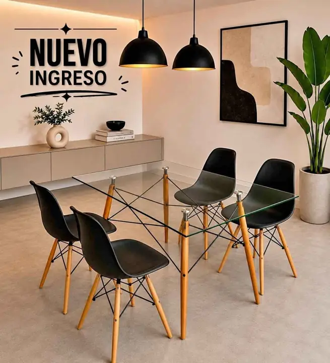 Mesa cuadrada de vidrio + 4 sillas 1.20 × 0.80 cm