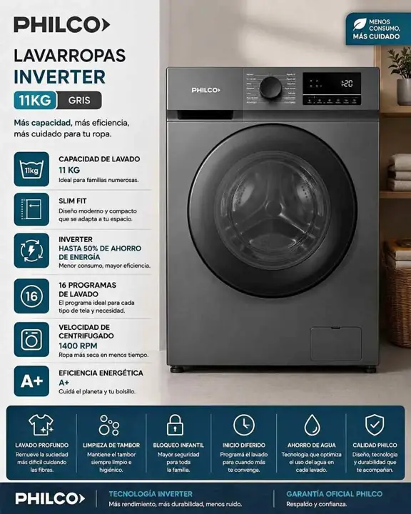 Lavarropas Philco 11 KG inverter gris
