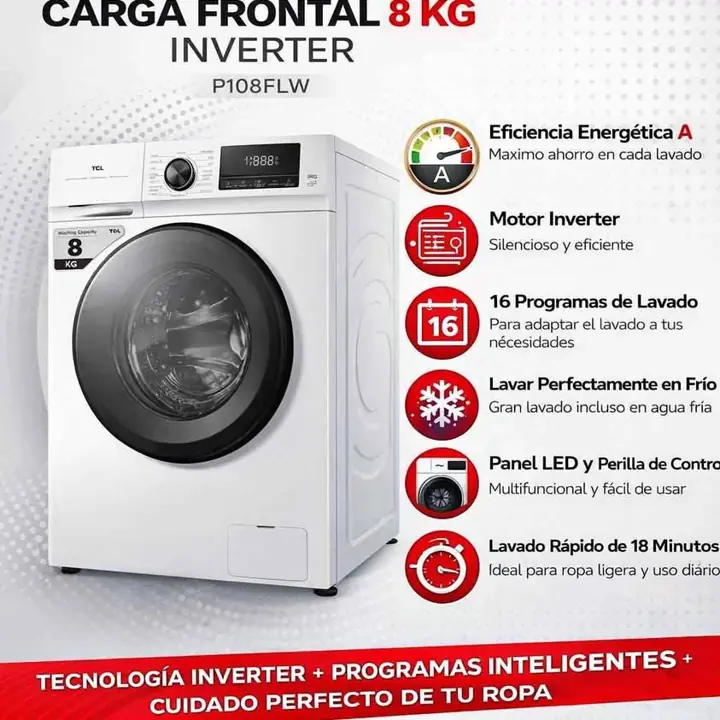 Lavarropas TCL carga frontal, 8 KG inverter
