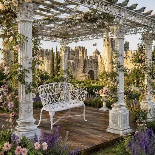 Madera, fundición hierro. Pérgolas glorietas gasebos y mobiliario de jardin