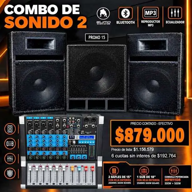 2 Bafles de 15'' + 1 sub de 18'' + consola potenciada mpm-1108
