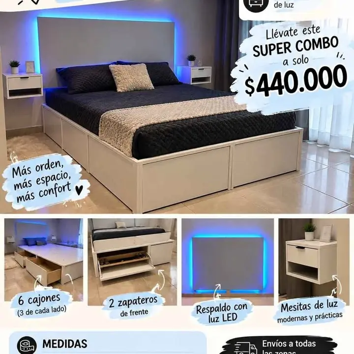 Combo box completo Cama,respaldo y mesitas