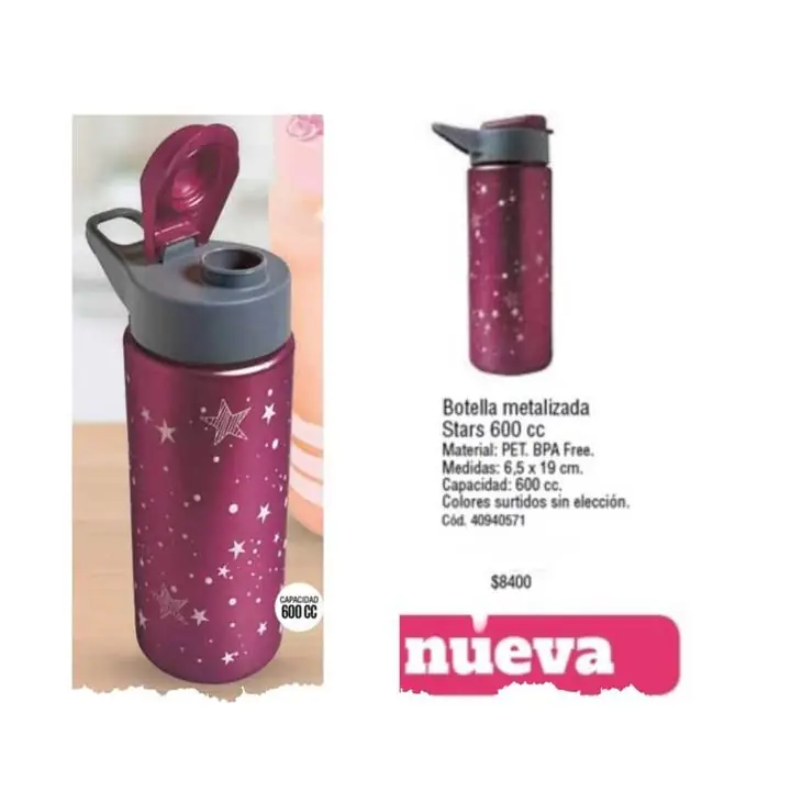 Botella metalizada Stars 600 cc Material: pet. bpa Free. Medidas: 6,5 x 19 cm. Capacidad: 600 cc
