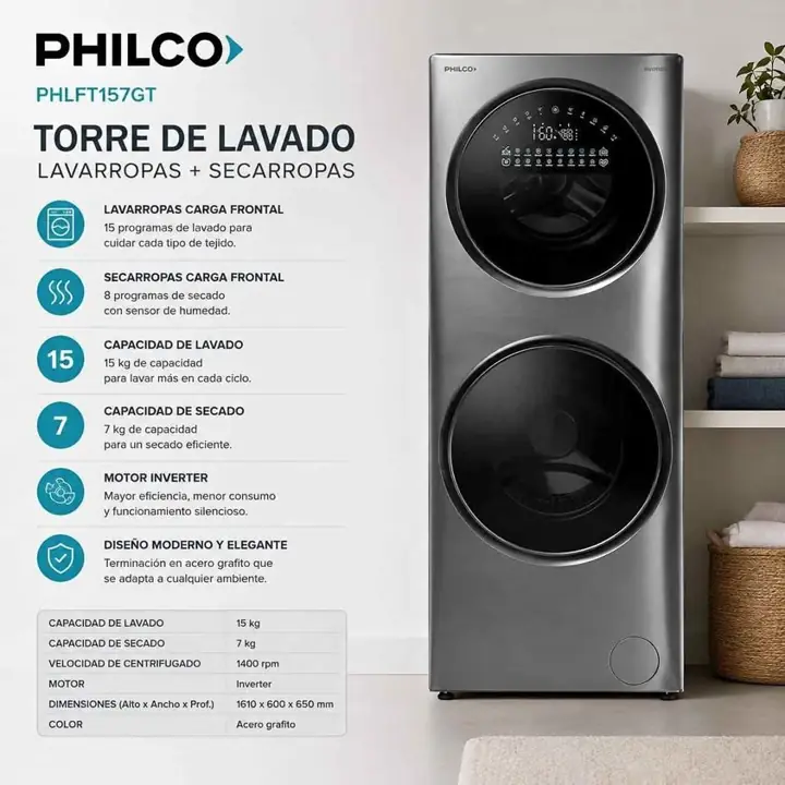 Torre de lavado Philco PHLFT157GT Lavarropas + Secarropas en una sola unidad