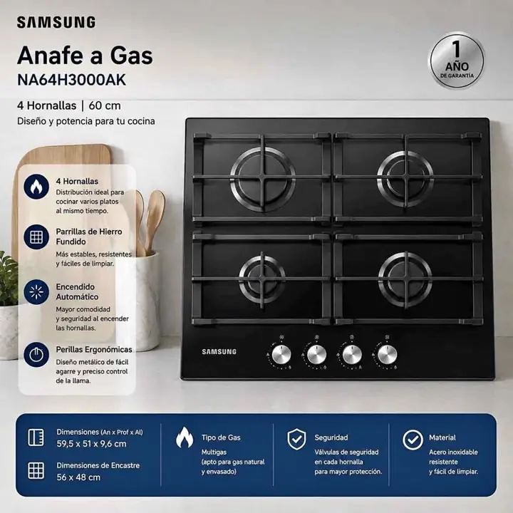 Anafe a multigas Samsung 4 hornallas black NA64H3OOOAK 60 cm