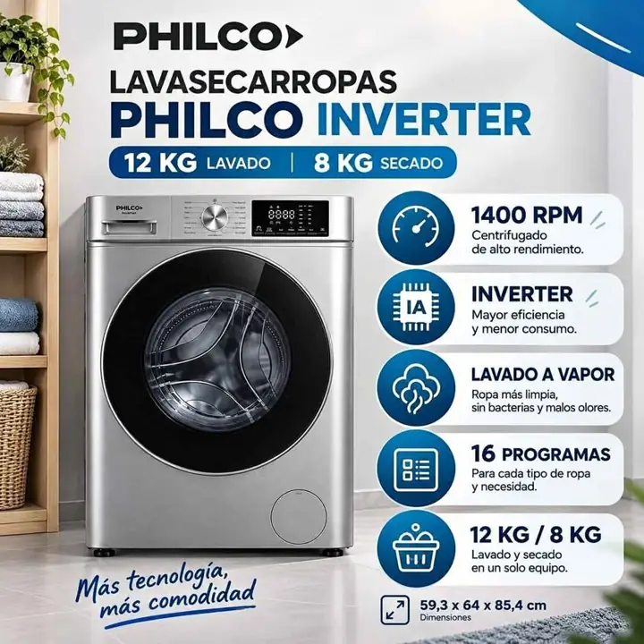 ¡Lavasecarropas Philco inverter 12/8kg !