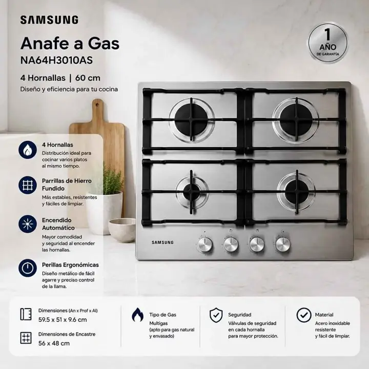Anafe a multigas Samsung 4 hornallas silver NA64H3O1OAS 60 cm