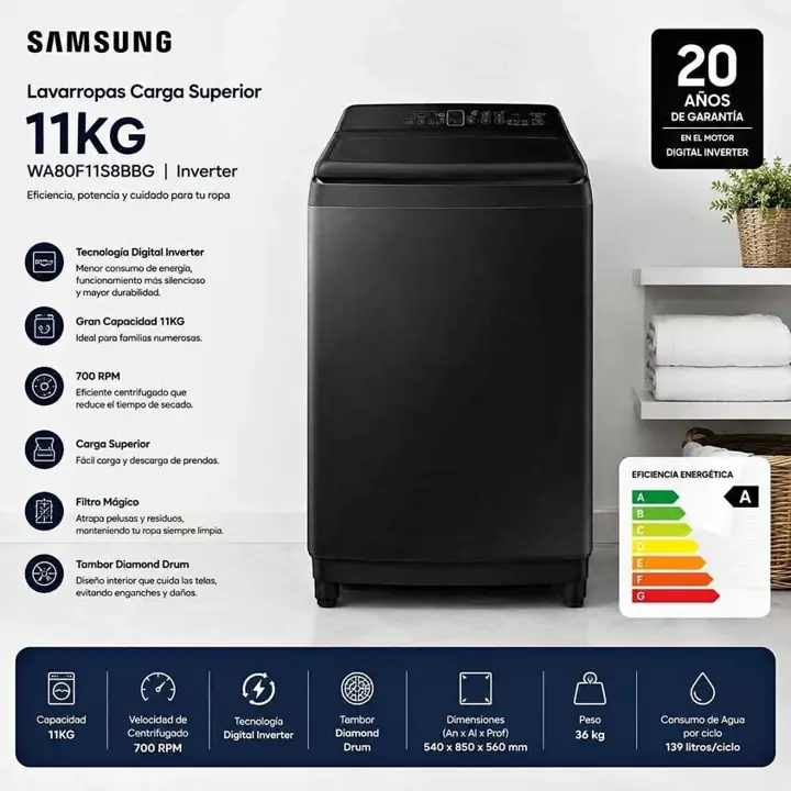 Lavarropas Samsung 11 KG carga superior inverter black WA80F11S8BBG