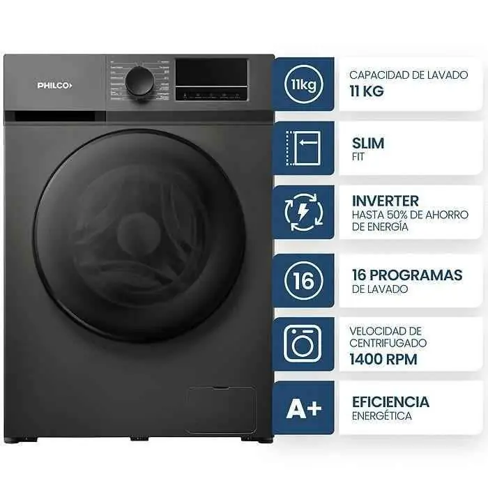 Lavarropas Philco 11KG inverter 1400RPM silver PHLF1114GI