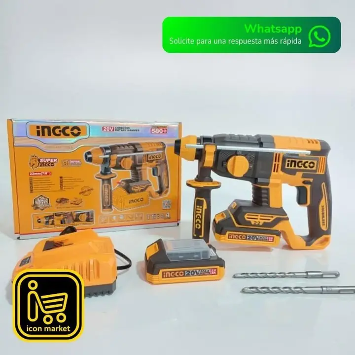 Rotomartillo Percutor Inalámbrico 20v Ingco + 2 baterías 2.0Ah y Cargador ingco