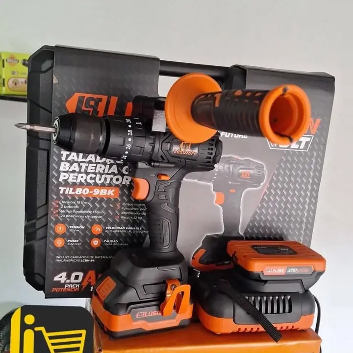 Taladro atornillador percutor de 13 mm mandril metálico + baterías de 4Ah y de 2Ah + maletín