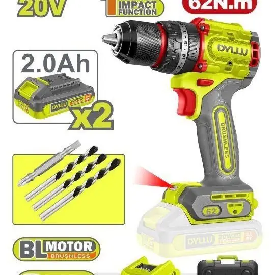 Atornillador percutor 62nm 13mandril+ 2 bat+ cargador+accesorios+ maletín dyllu