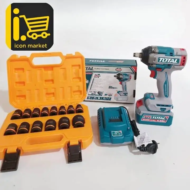 Llave de impacto 500nm Total+ tubos ingco + kit Batería 4.0Ah y Cargador Total