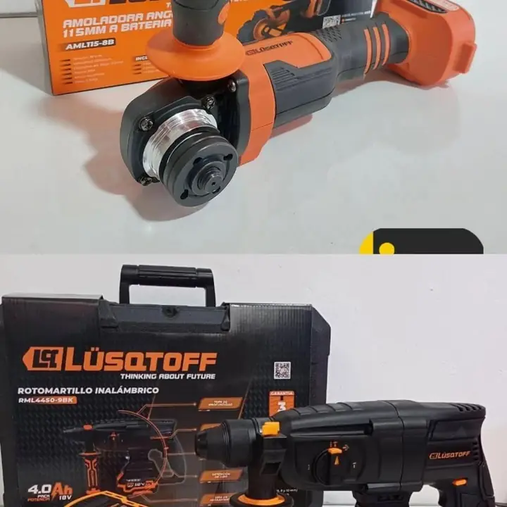 Amoladora inalámbrico lusqtoff+rotomartillo inalámbrico dos baterías 4ah+ cargador+puntas+ maletín
