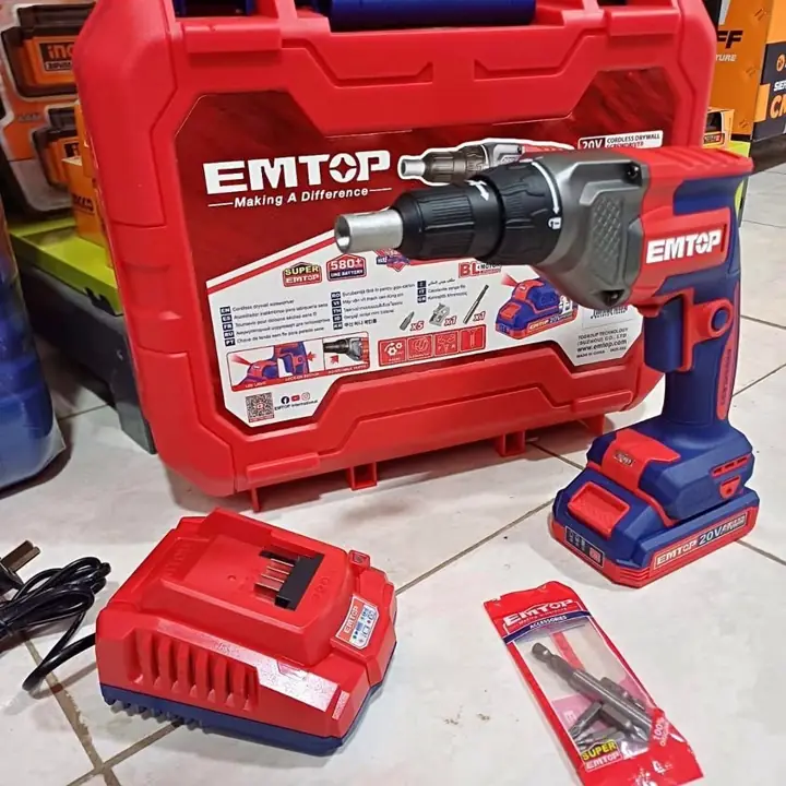 Atornillador inalámbrico para durlock Emtop 20v + batería 2.0AH cargador + accesorios