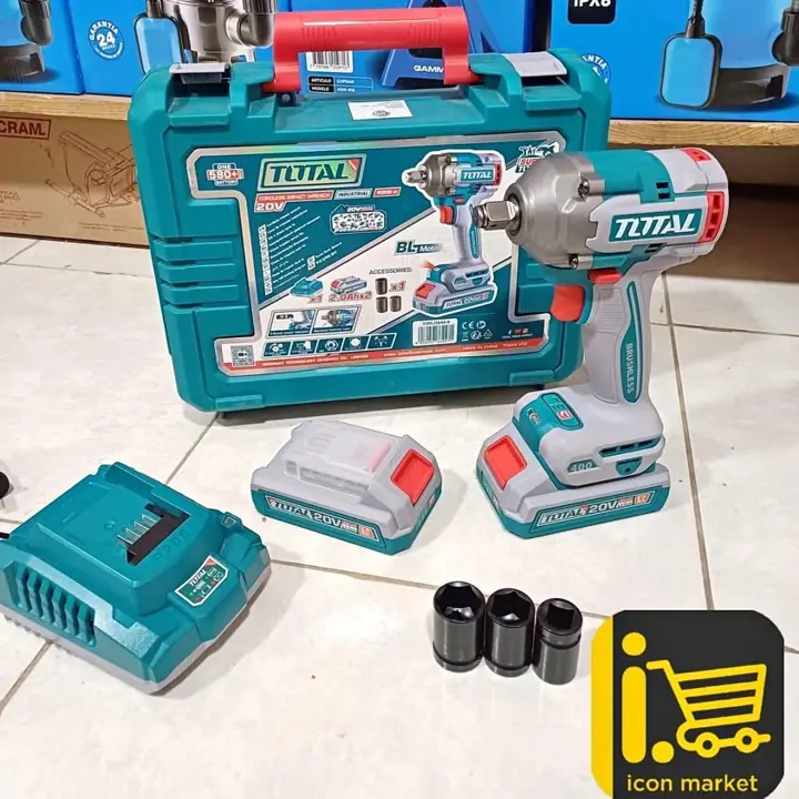 Llave de impacto 400nm + Baterías 2.0Ah + Cargador + Tubos y maletin Total