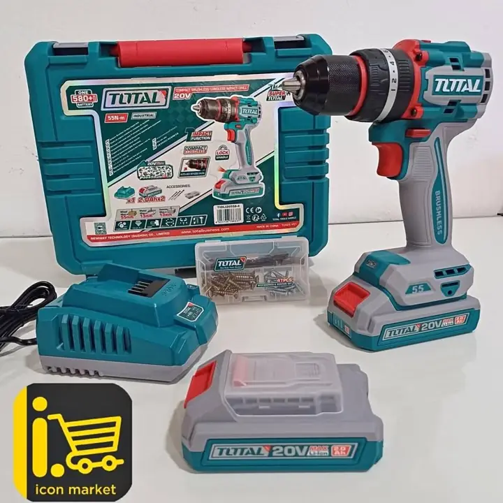 Taladro Atornillador Percutor 20v 55nm + 2 baterías de 2.0Ah + Cargador y Maletín