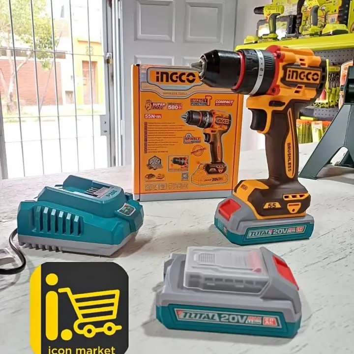 Taladro Atornillador Percutor 20v 55nm Ingco + Kit 2 baterías de 2.0Ah y Cargador Total