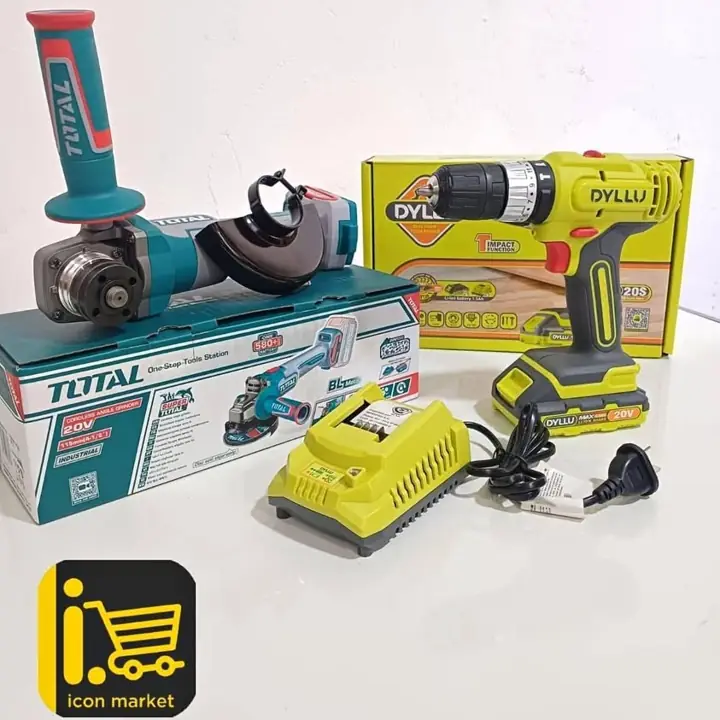 Amoladora inalámbrica total solo + taladro atornillador percutor 20v + 1 batería Dyllu + Cargador