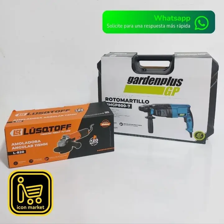 COMBO 3 : Rotomartillo 800w Garden Plus + Amoladora Angular 750w lusqtoff