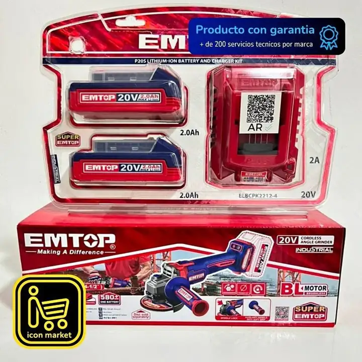 Amoladora Angular Inalámbrica EMTOP 20V 115mm Motor Brushless 2 Baterías 2.0Ah + Cargador
