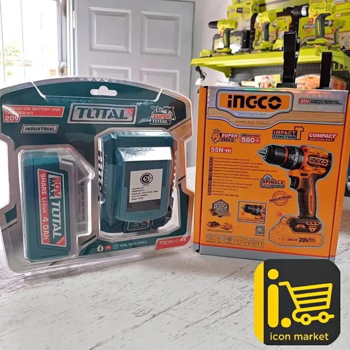 Taladro Atornillador Percutor 20v 55nm Ingco + Kit 1 batería de 4.0Ah y Cargador Total