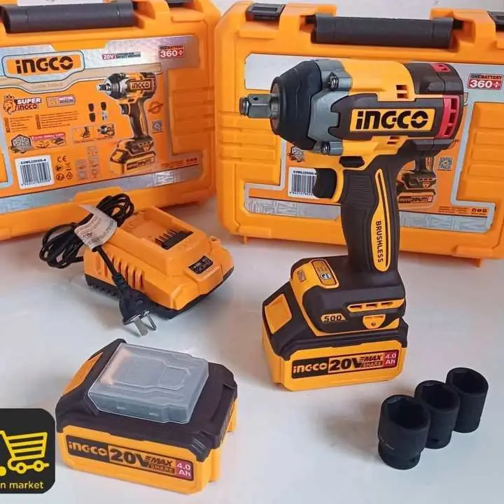 Llave impacto 500nm + 2 bat 20v4 amp +tubos+cargador+ maletín ingco