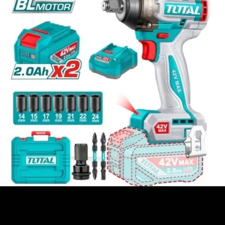 Llave de impacto 1/2 42v 600nm +2 batería+ tubos+ maletín total