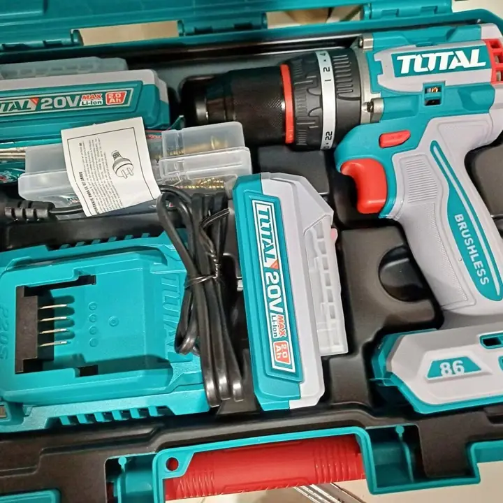 Taladro Atornillador Percutor 20v 86Nm. + 2 batería 2.0Ah + Cargador + Accesorios Y Maletín TOTAL