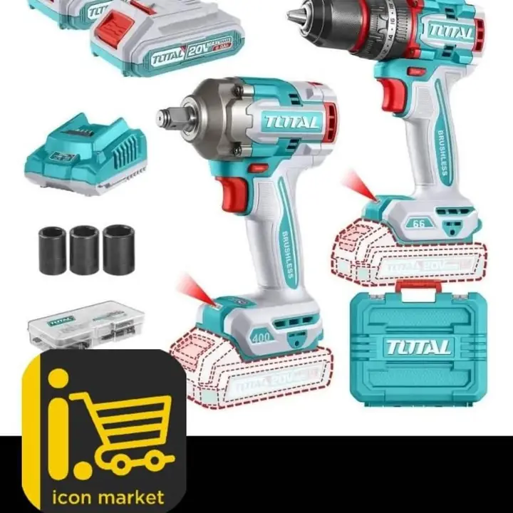 Combo llaves de impacto 400nm y taladro percutor 66nm + dos baterías 20 V cargador y maletín