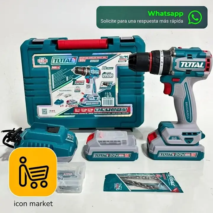 Taladro percutor + atornillador inalámbrico total 20V 86 nm mandril 13 mm