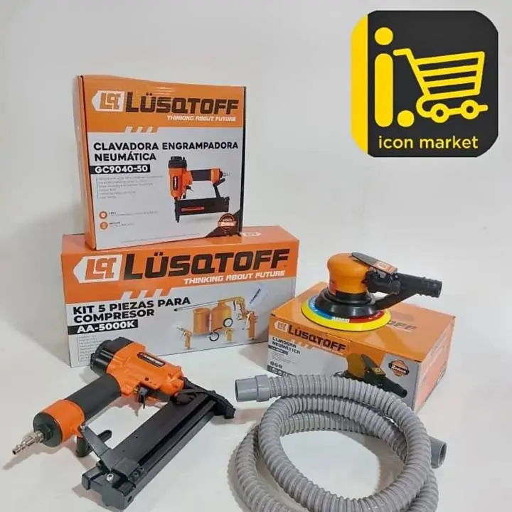 Combo: Clavadora engrampadora + Kit Compresor + Lijadora Rotoorbital Neumatica Lusqtoff