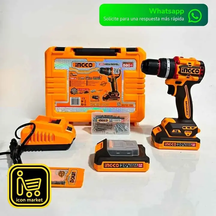 Taladro atornillador percutor Ingco 20V brushless 76Nm + 2 baterías +cargador y maletin