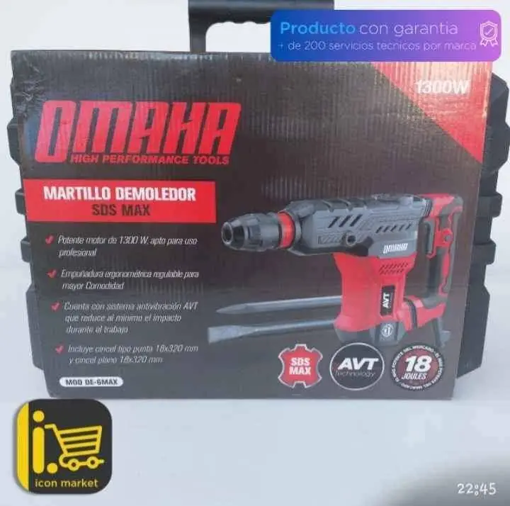 Martillo Demoledor 18 Joules Sds Max 1300w + 2 Cinceles + maletin Omaha
