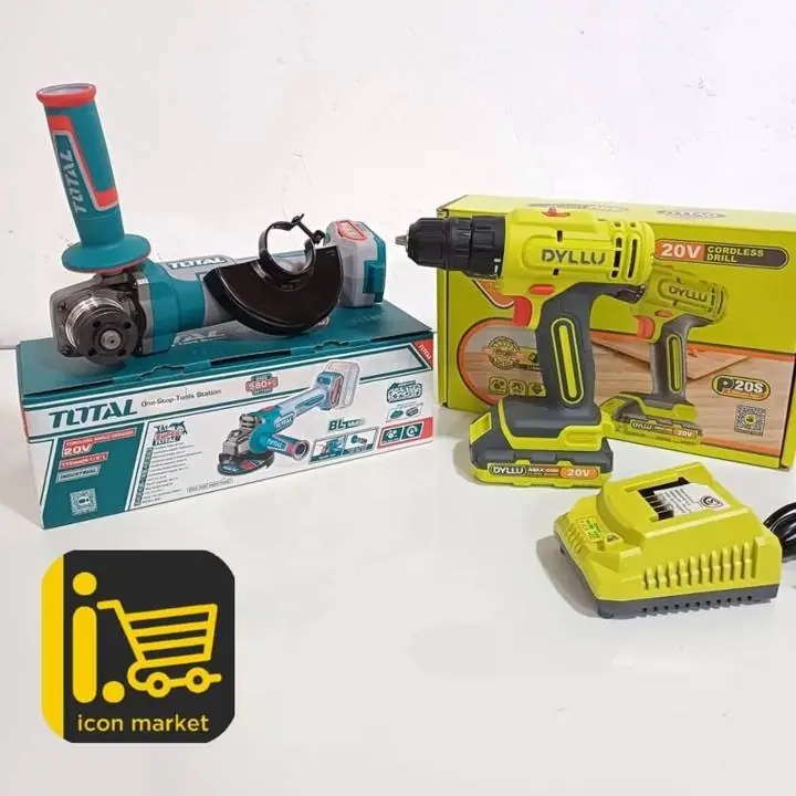 Amoladora inalámbrica total solo + taladro atornillador 20v + 1 batería Dyllu + Cargador