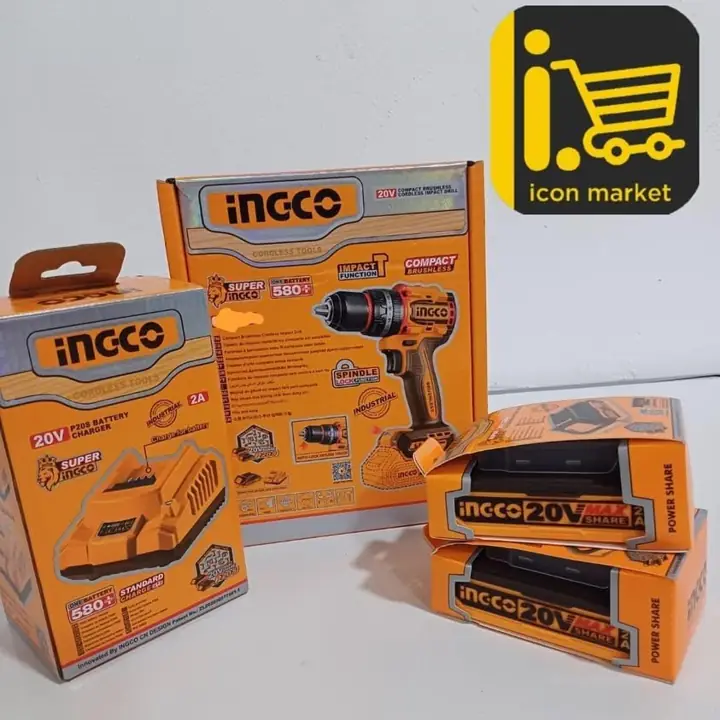 Taladro Atornillador Percutor 20v 55nm Ingco + Kit 2 baterías de 2.0Ah y Cargador ingco