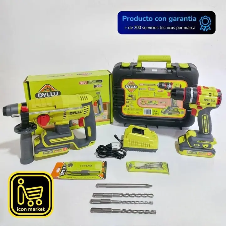 COMBO : Rotomartillo Inalámbrico 20v 22mm DYLLU + Taladro Ator-Percutor 20v 62nm + 2bat 2.0Ah + Carg