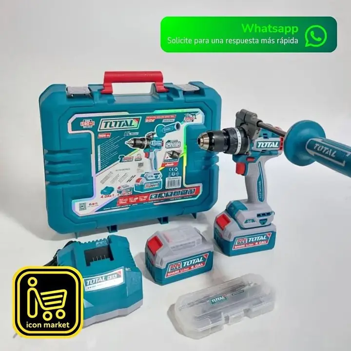 Taladro Percutor Y Atornillador Inalámbrico Total 20v Industrial Mandril 13mm, 96nm - + 2 Baterías 4