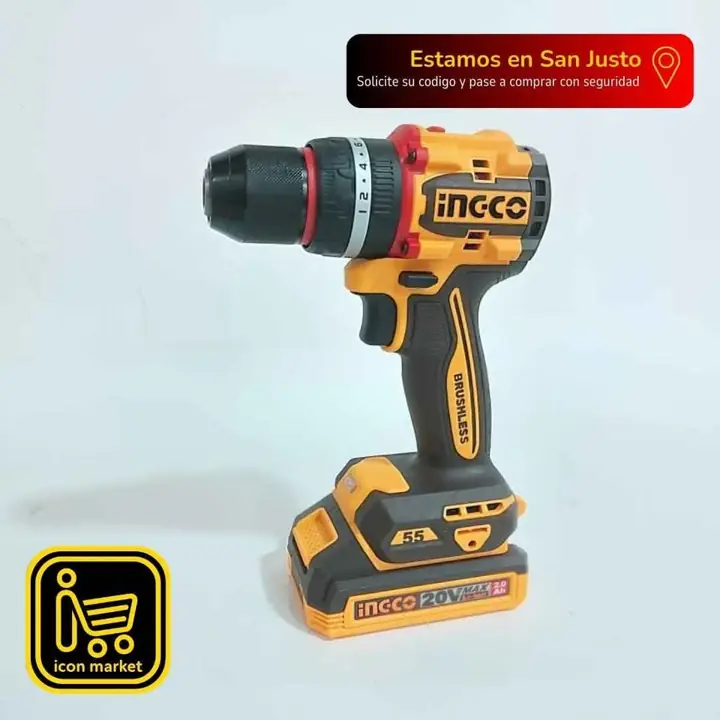 Taladro Atornillador Percutor brushless ingco 20v 55nm + 2 baterías 2.0Ah + Cargador