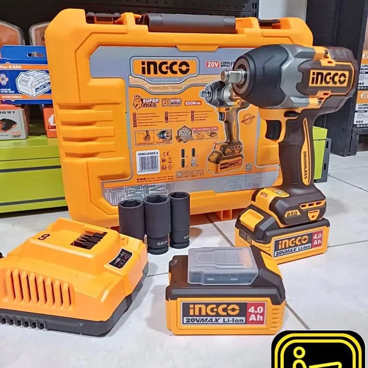 Llave de impacto 850nm 2 bat 4ah cargador tubos maletín Ingco