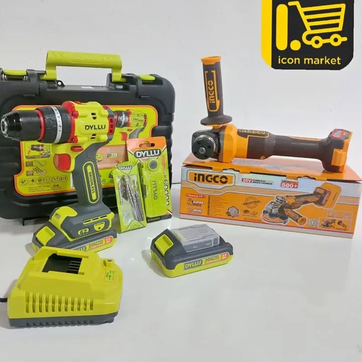 Combo: Taladro Atornillador Percutor 20v 62nm + baterías + Cargador + Amoladora Angular Inalámbrica