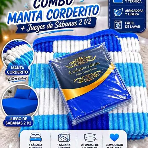 Manta corderito mas Sábanas $29,500